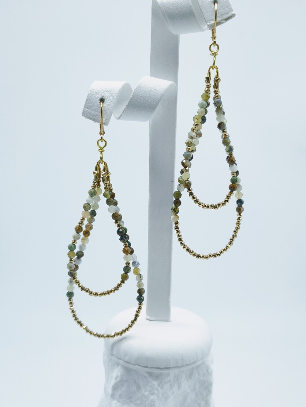 Natural Faceted Opal Hematite Long Drop Earrings